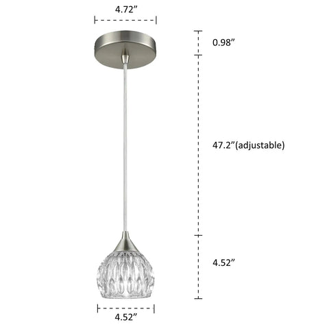 Three Pack Modern Mini Glass Pendant Lights For Kitchen Island With Crystal Clear Shades Nickel Finish Adjustable 47 Inch Cords ETL Listed E12 Base Ideal For Contemporary Kitchens And Bar Areas single light fixture with size annotations