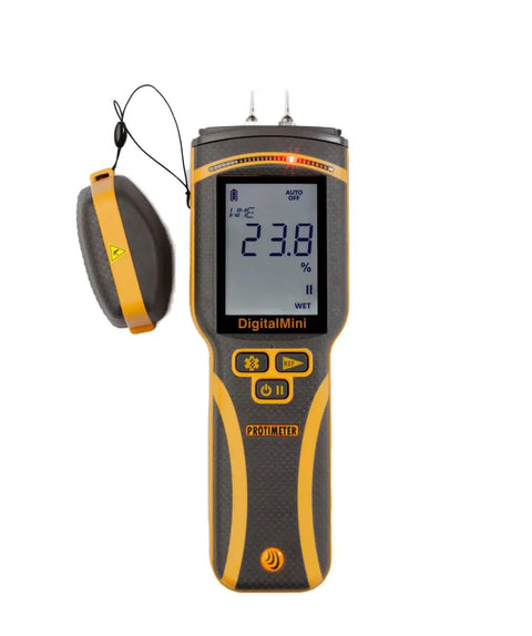 Digital Mini Pin Type Moisture Meter With Backlit Display For Wood Drywall And Concrete Built Tough For Builders And DIY Pros Seeking Precise Moisture Readings On The Job, front view