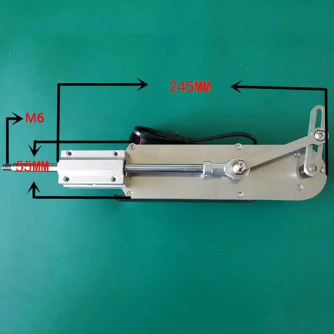 Top view of DIY Electric Reciprocating Linear Actuator Telescopic Motor, 245mm length, M6 rod, aluminum alloy body on green background