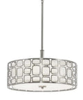 Sabine Brushed Nickel Pendant Light With Dope Etched Glass Diffuser And Off White Fabric Drum Shade, modern ceiling fixture