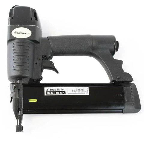 Top Shelf 18 Gauge CO2 Brad Nailer Kit With Full Tank And Hose Gear Featuring Zero Hassle Jam Release No Mar Nose and Dead On Depth Control, close-up view of the brad nailer.