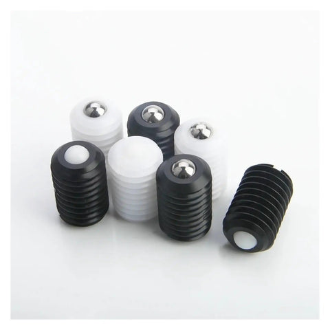 Seven Pack M8 Ball Head Plunger Screws With Tough Resin Housings And Snappy Spring Action For Quick Slide Installation And A Rock Solid Grip On All Your Daily Craft Projects - multiple colors and textures.