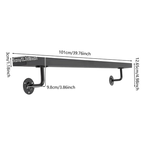 Wall Mounted Stair Handrail Crafted From Premium Stainless Steel Featuring A Sleek Black Square Profile Built Like A Tank For Indoor Spaces Loaded With Rock Solid Grip And Holds Down Weighty Loads Up To Two Hundred Pounds Safely, showing dimensions.