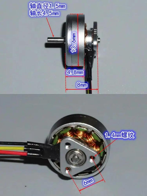 Side and top view of 1103 Beefy High Speed Brushless Motor 15000KV for RC Drones and Micro Fixed Wing Planes with measurements
