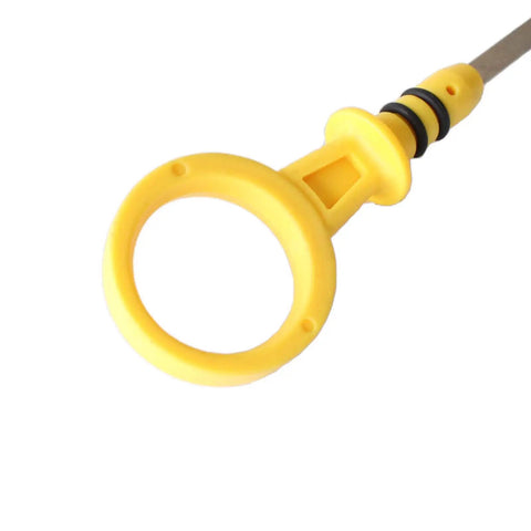Close-up of Engine Oil Dipstick Replacement For 2008-2014 GM Rides Including Chevy Express Silverado handle, yellow plastic