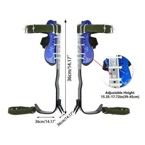 Adjustable Tree Climbing Spikes Kit With Dope Non Slip Pedal And Stainless Steel Gear for easy tree climbing two gear levels includes waist belt back strap foot straps ankle straps and gloves for fruit picking and outdoor work, showing adjustable height and size dimensions, green straps and stainless steel spikes.