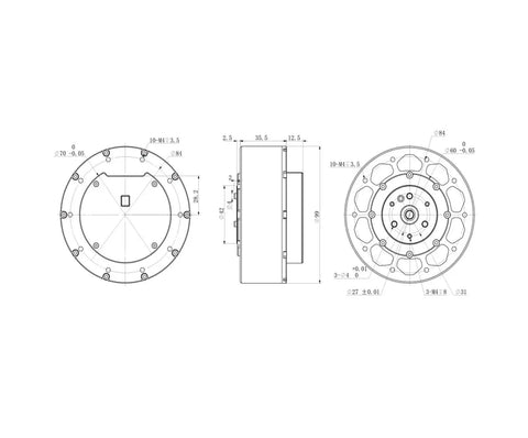 Technical drawing of MG8016E V3 Dual Encoder Planetary Gearbox for DC Servo Motors RS485 Ready, showcasing dimensions and structure.
