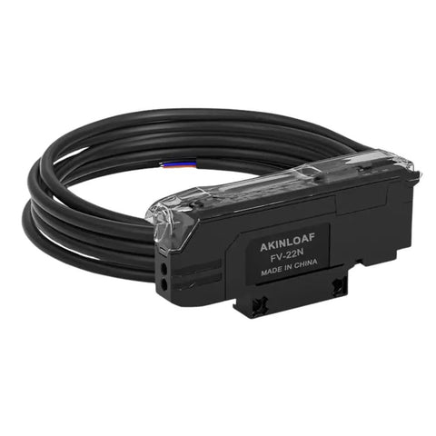 FV-22N Fiber Optic Amplifier with black cable for long-distance optical communication, ultra-stable, smart auto-tune, proximity sensor.