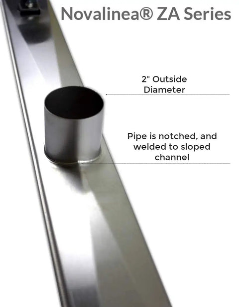 Close-up of 30 Inch Linear Shower Drain With Tile Insert Grate And Hair Strainer Includes Leveling Feet 2 Inch Center Outlet 304 Stainless