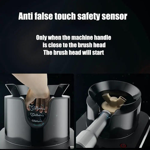 Smooth Sailing Electric Portafilter Knock Box Stand showing anti-false touch sensor mechanism for 58mm espresso cleaning.