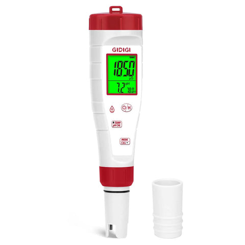 4 In 1 Digital Water Tester With Backlit Display For pH TDS EC And Temperature Ideal For Drinking Water Hydroponics Pools And Home Use No Fuss Quick Reads And Easy To Read, showing front view with cap removed