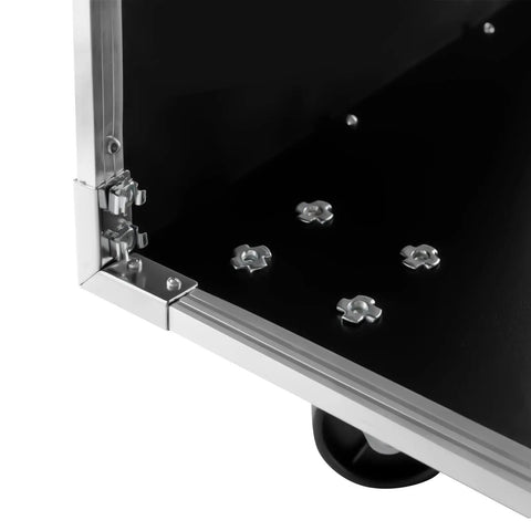 Close-up of Heavy Duty 16U AV Rack Cabinet With Locking Swivel Casters, showing aluminum corner and interior panel fasteners.