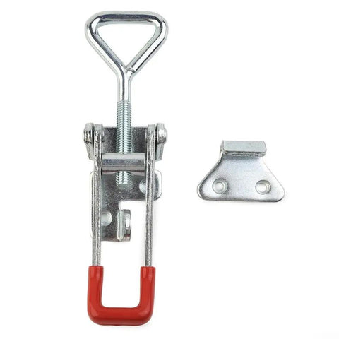 Heavy Duty Galvanized Toggle Latch Handle With 100 Kilogram Clamp Force For Secure Cabinets Tool Chests And Transport Cases Featuring Thick 2mm Steel Build For Maximum Hold And Tough Everyday Use Without Ripping Open, close-up with red handle