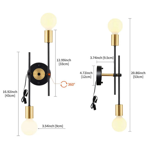 Dimensions of Plug In Two Light Wall Sconce, Black Wall Lamp With Switch, Sleek Modern Vanity Lighting For Bathroom And Bedroom, E26 Base