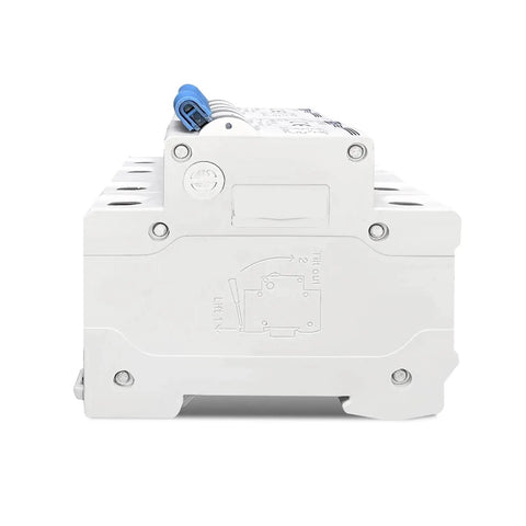 Top Shelf 2 Pole DC Circuit Breaker MCB 20 Amp Miniature Safety Switch For Solar Arrays side view showing button and connectors.