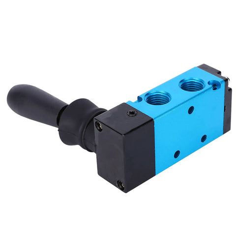 Aluminum Alloy 2 Position 5 Way Hand Lever Pneumatic Valve With One Quarter Inch Fine Thread Air Control Component And Six Ring Seal For Industrial Pneumatic Systems Workhorse, blue body with lever