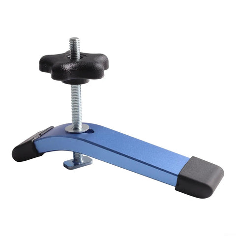 Get Your Setup Locked Down With This 2 Pack T Slot Clamp Set Featuring M8 Slide Track System Anodized Aluminum Lever Handle Design close-up of blue clamp with black knob.