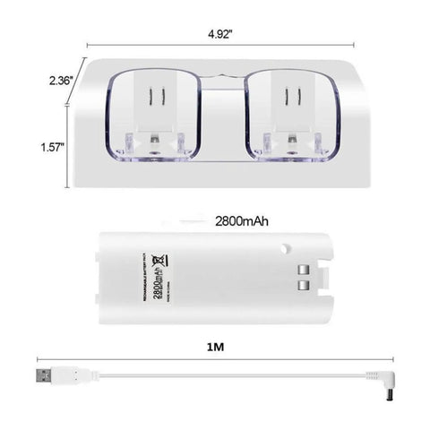 Dual Remote Charger Dock With Built In 2800mAh Batteries For Game Consoles And Smart TVs, white charging dock dimensions and USB cable.