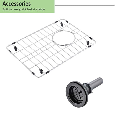 Undermount 14 Inch Bar Sink Black Stainless Steel Single Bowl 16 Gauge Dope Durable Wet Bar Prep RV Camper Outdoor Kitchen Sink With Bottom Grid And Drain accessories showing bottom grid and drain strainer.