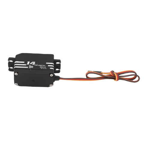 Heavy Duty Digital Servo Motor Packing Big Time 14 Kg Torque For Quick Response Rc Cars Boats And Robot Projects Featuring Dead Straight Accuracy And Rocksteady Reliability One Piece, showing side view with wires.