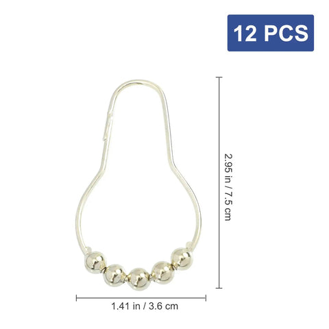 Gold Iron Bead Shower Curtain Hooks With Glide Rollers, 15 Pack, Decorative Curtain Rings With Dimensions Displayed