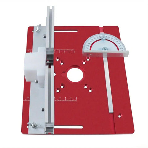 Built Rock Solid C8 Aluminum Router Table Insert Plate For Woodworking Projects with measuring tools and red finish.