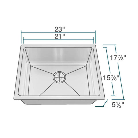 Dimensions of ADA1823 Single Bowl Stainless Steel Sink With Three Quarters Inch Radius Heavy Duty 18 Gauge 304 Stainless Steel