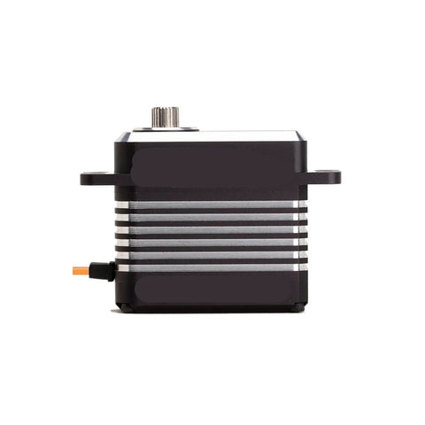 Dialed In High Torque Rc Servo Featuring Coreless Motor And Fully Waterproof Steel Case 8 4v side view with metal casing and connectors.
