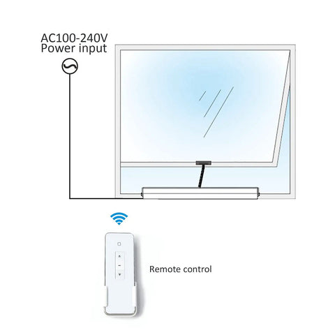 Plug And Play Automatic Electric Window Opener Motor With Chain Actuator, adjustable travel, remote control shown