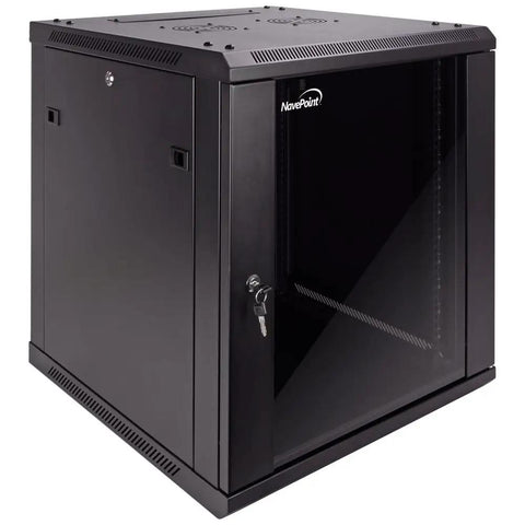 12U Wall Rack Server Cabinet With Dual Cooling Fans Locking Glass Door And Removable Sides in black, showing front view and key lock.