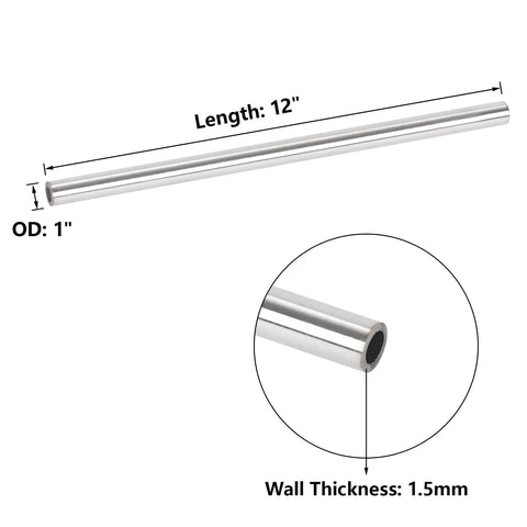A-KARCK 1" OD 304 stainless steel round tubing, 12" length, 1.5mm wall, 2 pcs