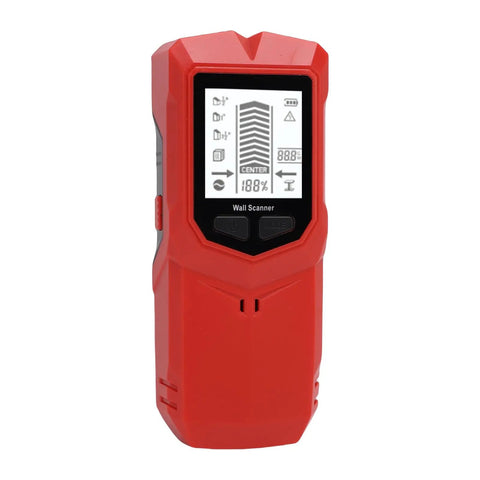 Xiuganpo 7 in 1 Stud Finder Wall Scanner with LCD Display in red color, showing detection features on screen, ideal for DIY projects.