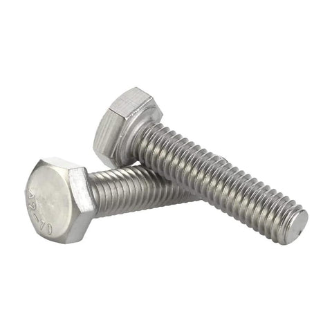 Two stainless steel hex-head bolts, 1/4-20 x 1-1/2 in, fully threaded, plain finish