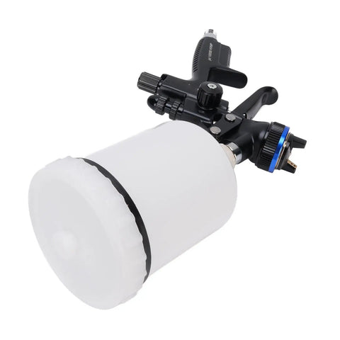 Pro Grade HVLP Paint Sprayer Gun With 600 ml Cup and 1.3 mm Nozzle for Furniture Walls Doors, side view with nozzle and cup.