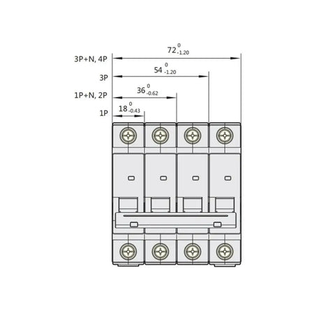 Rock Solid 4 Pole Miniature Circuit Breaker Optimized For 230 And 400 Volt AC Systems showing front view with dimensions.