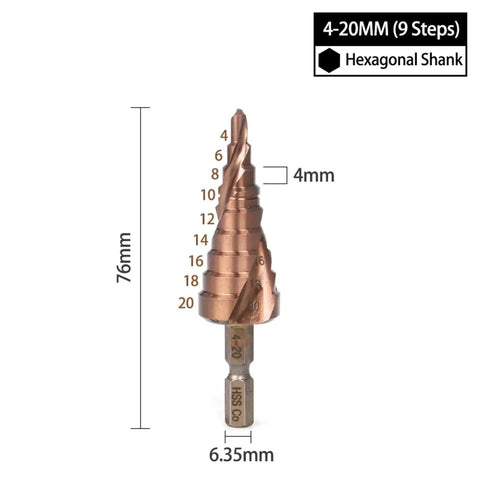 Upgrade Your Workshop With These Epic HSS M35 Cobalt Step Drill Bits For Drilling Stainless Steel Fast. Get 4-20mm Spiral Groove Hole Saw Kit With Hex Shank That Wows You And Keeps Everything Tight Like A Boss., 4-20mm HSS M35 cobalt step drill bit with hex shank for stainless steel