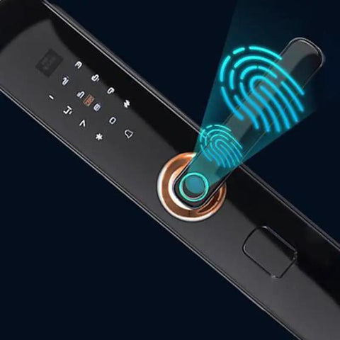 Top Shelf Fingerprint Smart Lock With Snappy Setup For Home And Office Doors featuring fingerprint scanner and keypad.