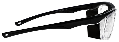 Side view of Rad Radiation Safety Glasses With Lightweight Frame And.75mm Pb Lead Equivalent Lenses And.50mm Pb Side Shields in Black.