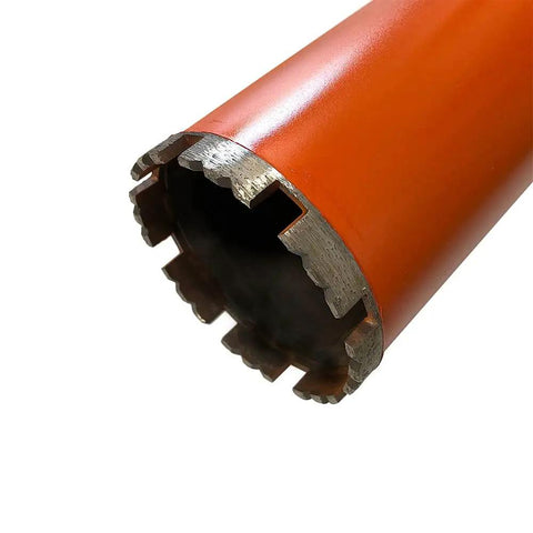 Close-up of heavy duty wet core diamond drill bit three and a half inch for concrete and hard masonry with one and a quarter to seven threaded arbor