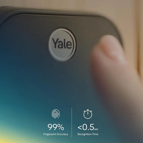 Close-up of Yale logo on Next Level Fingerprint Deadbolt With Wi Fi Smart Lock, showing high accuracy and fast recognition features.