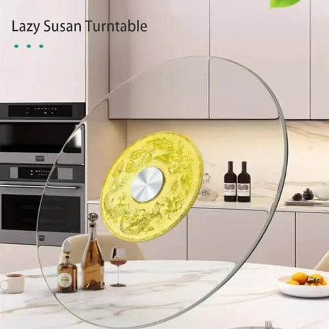 Large Tabletop Rotating Lazy Susan Turntable In Bright Yellow With Slick Silent Spin And Zero Drama Tempered Glass Build, shown on a kitchen countertop.