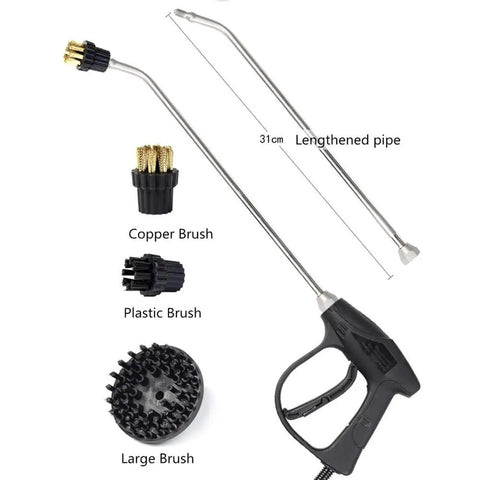 Piudoiliy 3200W High Pressure Steam Cleaner attachments including copper, plastic, and large brushes with extension pipe.