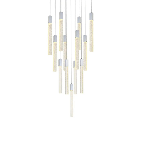 Modern 13 Light Crystal And Metal Pendant Ceiling Fixture In Sleek Chrome Finish For Fresh Home Vibes And Dope Indoor Ambiance Slick Living Room Chandelier Decor, clear crystal tubes hanging.
