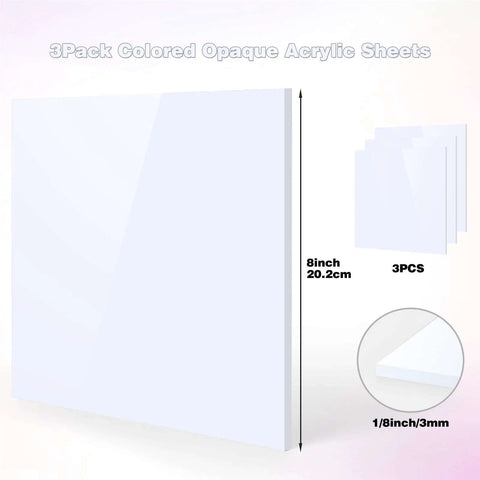 Adrattnay white opaque acrylic sheets, 8x8 in, 1/8 in (3mm) thick, pack of 3 with protective paper