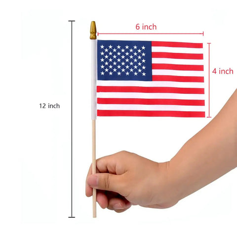 Hand holding Six Pack 4x6 Inch Small American Flags On Wooden Sticks Handheld USA Flags With Kid Safe Spear Top and size details