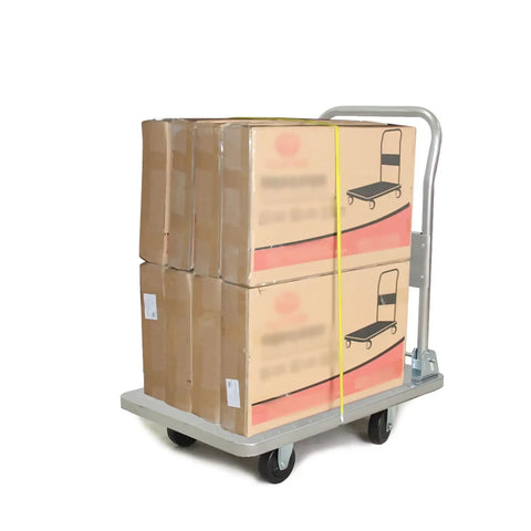 Heavy Duty Folding Flatbed Hand Cart Steel Platform Truck With Smooth Rolling Swivel Wheels For Moving Heavy Gear Garden Pots And Warehouse Storage Real Deal loaded with boxes.