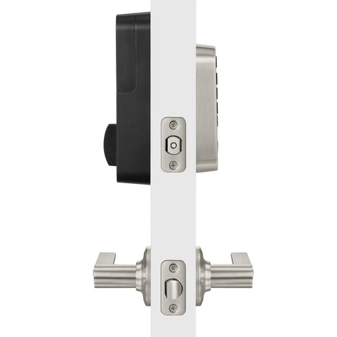 No Sweat Keyless Entry Keypad Deadbolt For Front Door Security Featuring Sleek Satin Nickel Finish and Auto Locking Bolt side view.