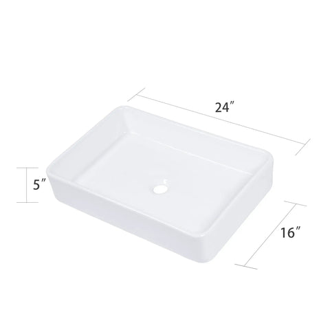 Rectangular Vessel Sink 24x16 White Ceramic Porcelain Above Counter Vanity Bowl Built To Last Durable No Fuss Easy To Clean