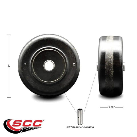 Smooth As Butter Three Inch Phenolic Caster Wheel With Three Eighth Inch Bore And Six Hundred Pound Capacity In Classic Black, front and side view.