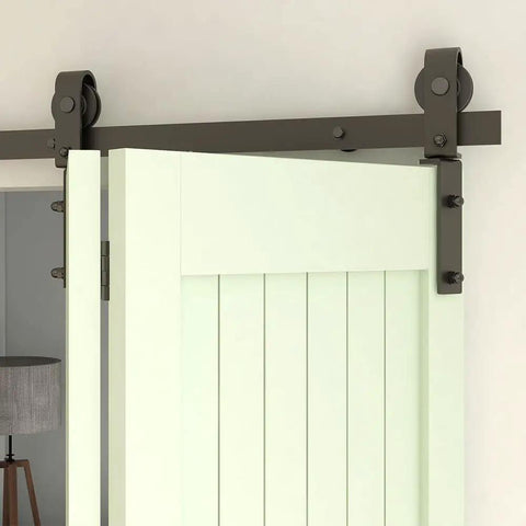 Bi Folding Sliding Barn Door Hardware Kit For Two Doors, Space Saver With Quiet Glide, black J shape rollers on 40 inch track